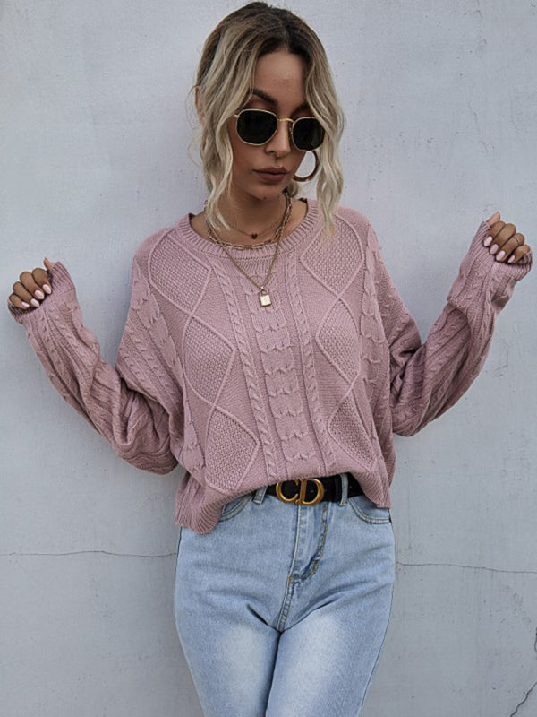 Pull Ample Manches Longues Torsadé Fin Couleur Unie