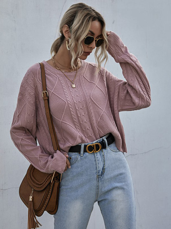 Pull Ample Manches Longues Torsadé Fin Couleur Unie