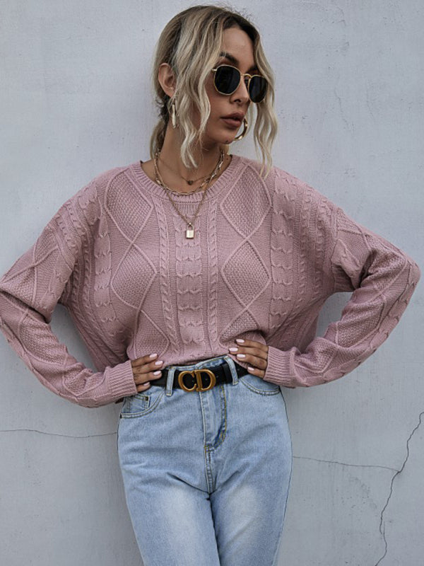 Pull Ample Manches Longues Torsadé Fin Couleur Unie