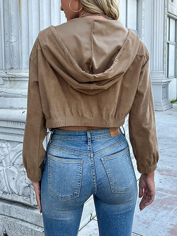 Veste Velours Côtelé à Capuche Couleur Unie Femme