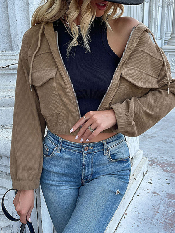 Veste Velours Côtelé à Capuche Couleur Unie Femme