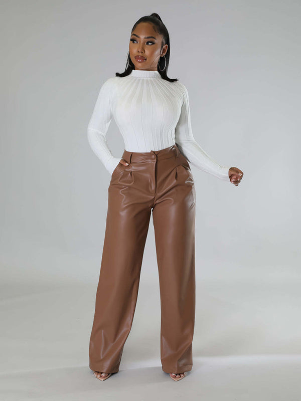 Pantalon en cuir PU femme large décontracté avec poches