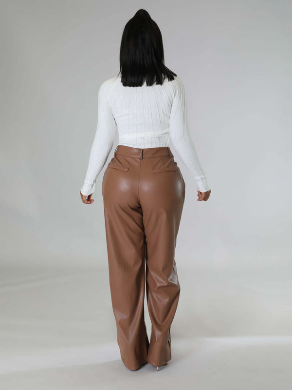 Pantalon en cuir PU femme large décontracté avec poches