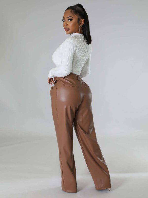 Pantalon en cuir PU femme large décontracté avec poches