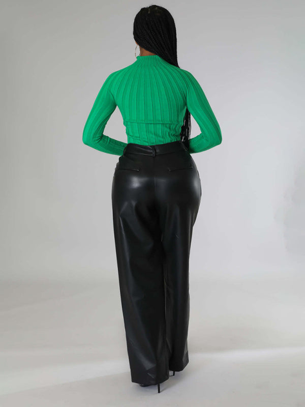 Pantalon en cuir PU femme large décontracté avec poches