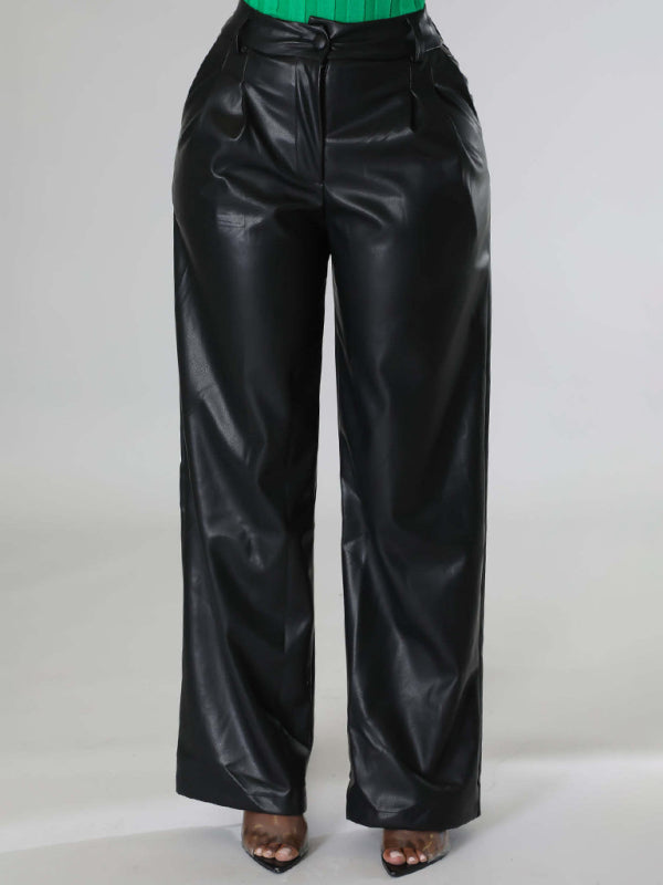 Pantalon en cuir PU femme large décontracté avec poches