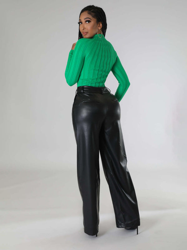 Pantalon en cuir PU femme large décontracté avec poches