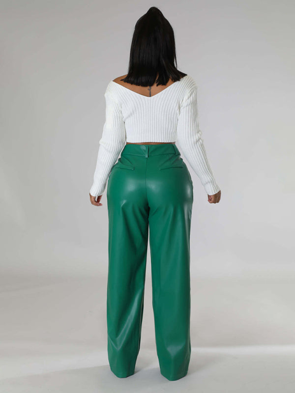 Pantalon en cuir PU femme large décontracté avec poches