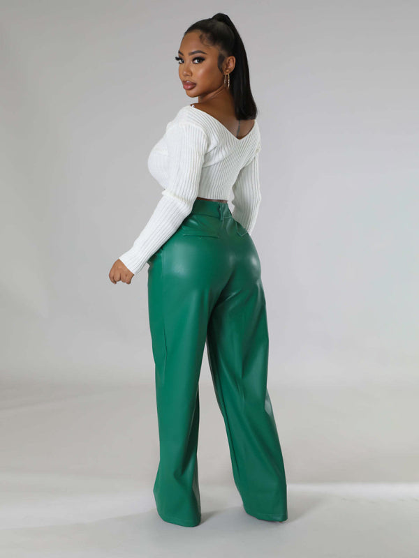 Pantalon en cuir PU femme large décontracté avec poches