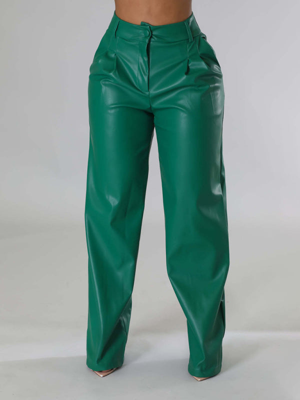 Pantalon en cuir PU femme large décontracté avec poches