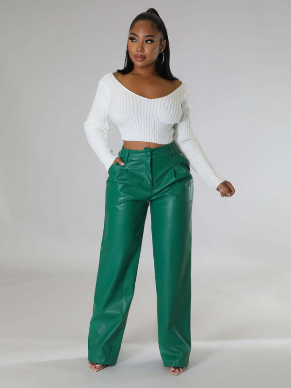 Pantalon en cuir PU femme large décontracté avec poches