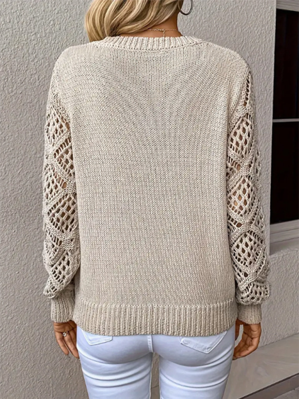 Top Femme Col V Ajouré Manches Longues Couleur Unie Décontracté