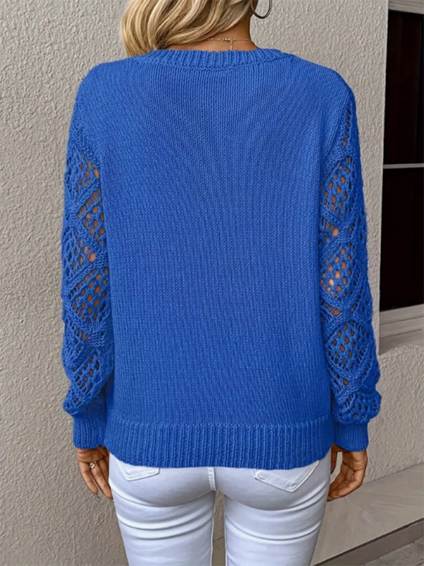 Top Femme Col V Ajouré Manches Longues Couleur Unie Décontracté