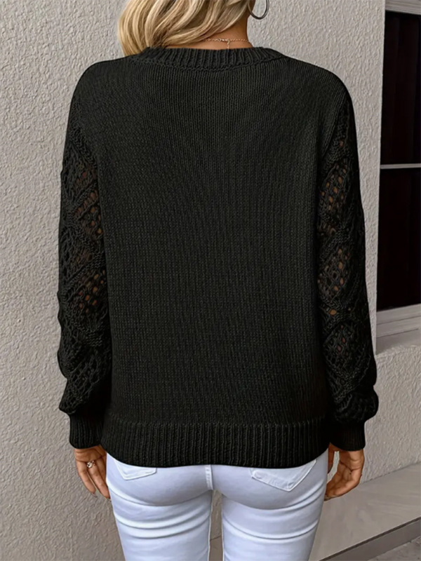 Top Femme Col V Ajouré Manches Longues Couleur Unie Décontracté