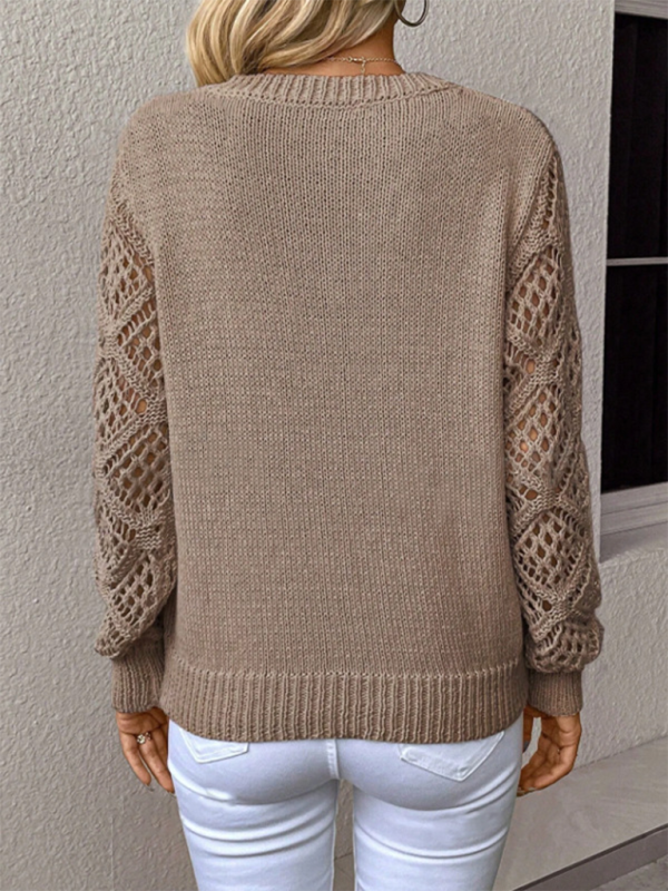 Top Femme Col V Ajouré Manches Longues Couleur Unie Décontracté