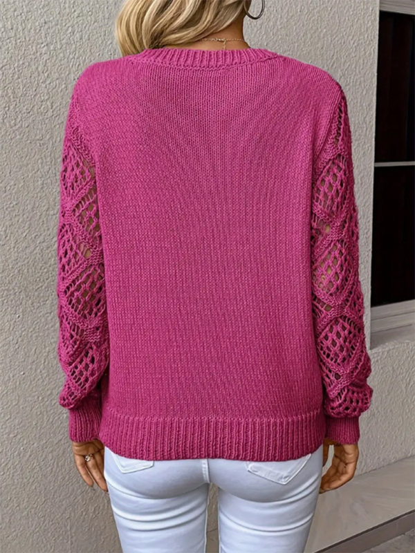 Top Femme Col V Ajouré Manches Longues Couleur Unie Décontracté