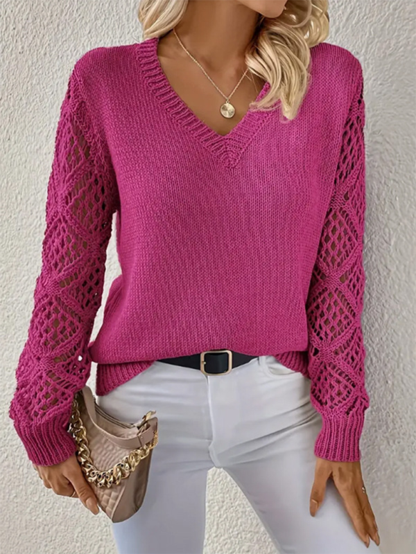Top Femme Col V Ajouré Manches Longues Couleur Unie Décontracté