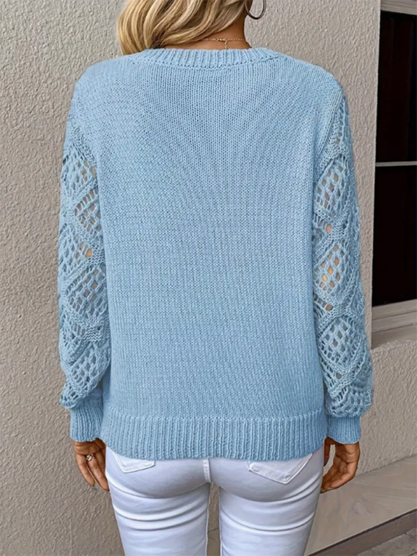 Top Femme Col V Ajouré Manches Longues Couleur Unie Décontracté