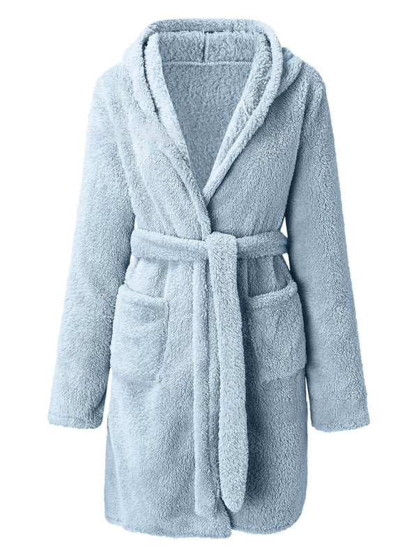 Peignoir Pyjama Peluche à Capuche Automne Hiver Couleur Unie