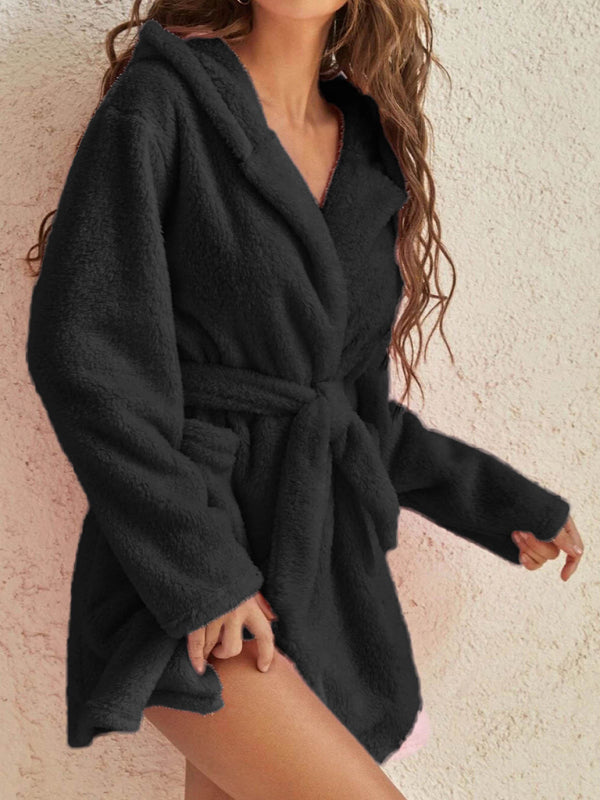 Peignoir Pyjama Peluche à Capuche Automne Hiver Couleur Unie