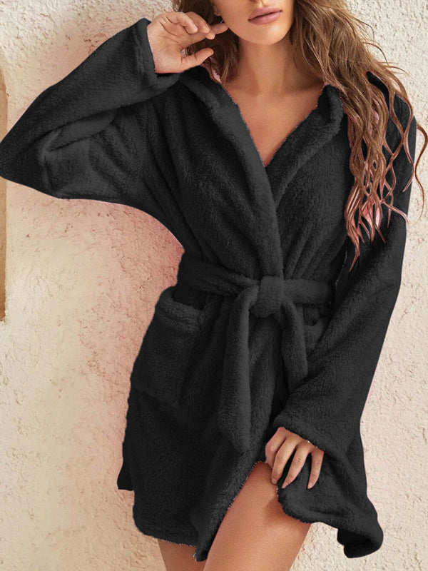 Peignoir Pyjama Peluche à Capuche Automne Hiver Couleur Unie