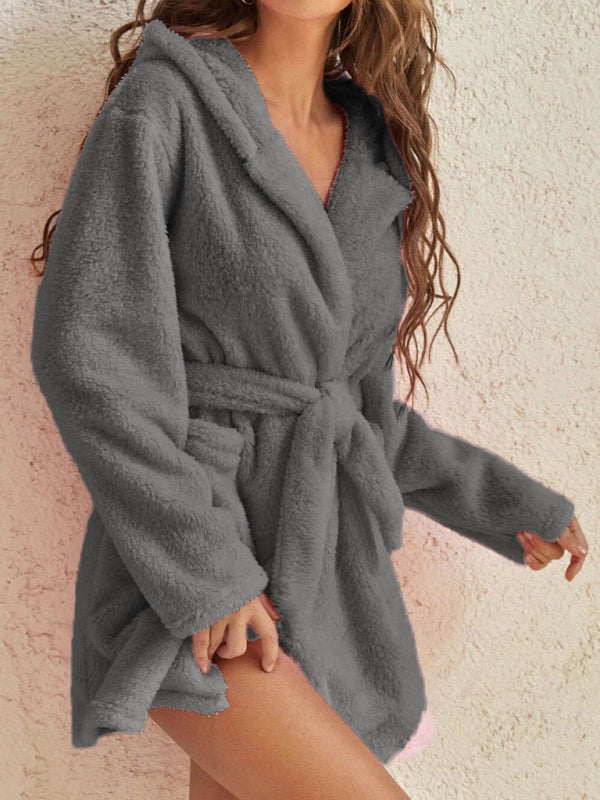Peignoir Pyjama Peluche à Capuche Automne Hiver Couleur Unie