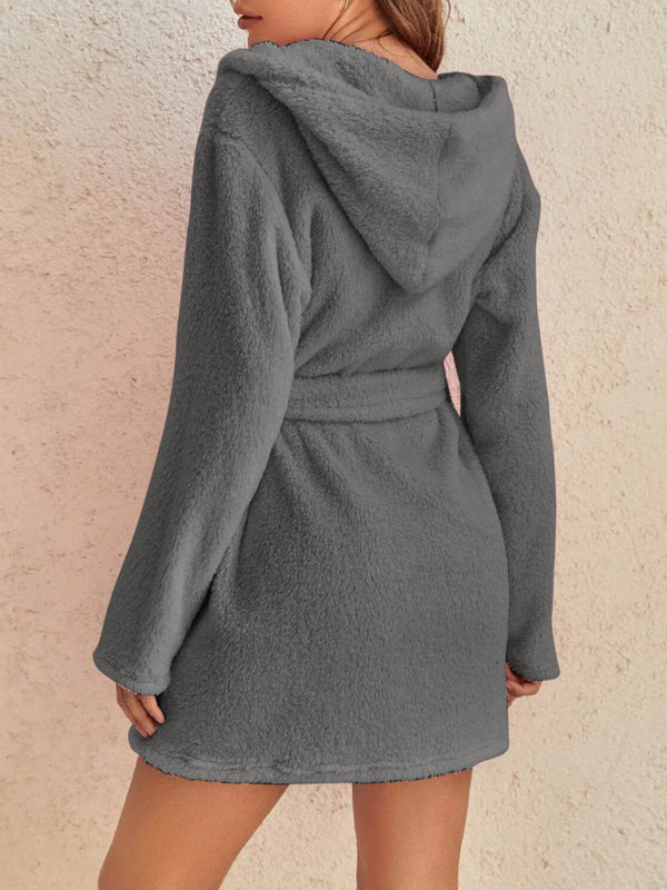Peignoir Pyjama Peluche à Capuche Automne Hiver Couleur Unie