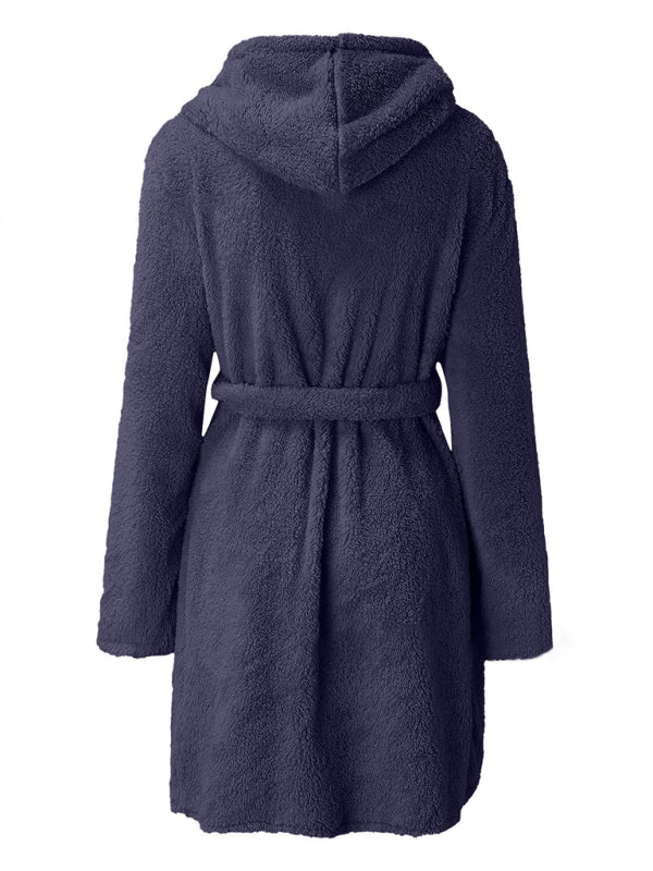 Peignoir Pyjama Peluche à Capuche Automne Hiver Couleur Unie