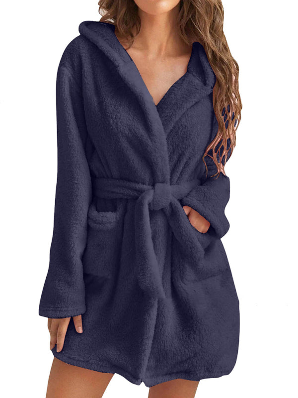 Peignoir Pyjama Peluche à Capuche Automne Hiver Couleur Unie