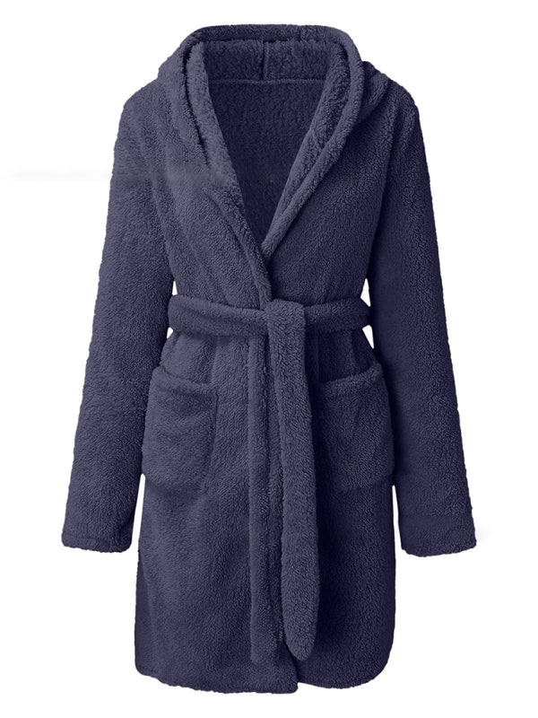 Peignoir Pyjama Peluche à Capuche Automne Hiver Couleur Unie