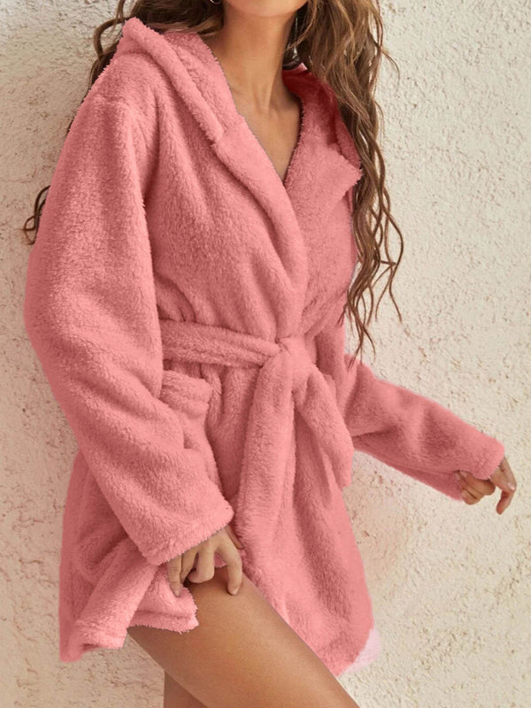 Peignoir Pyjama Peluche à Capuche Automne Hiver Couleur Unie