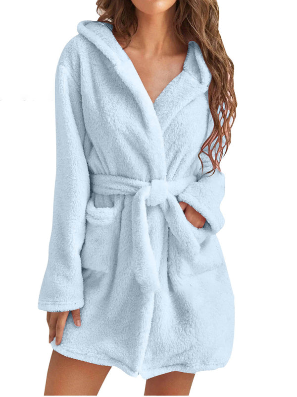 Peignoir Pyjama Peluche à Capuche Automne Hiver Couleur Unie