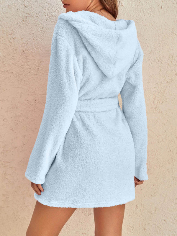 Peignoir Pyjama Peluche à Capuche Automne Hiver Couleur Unie