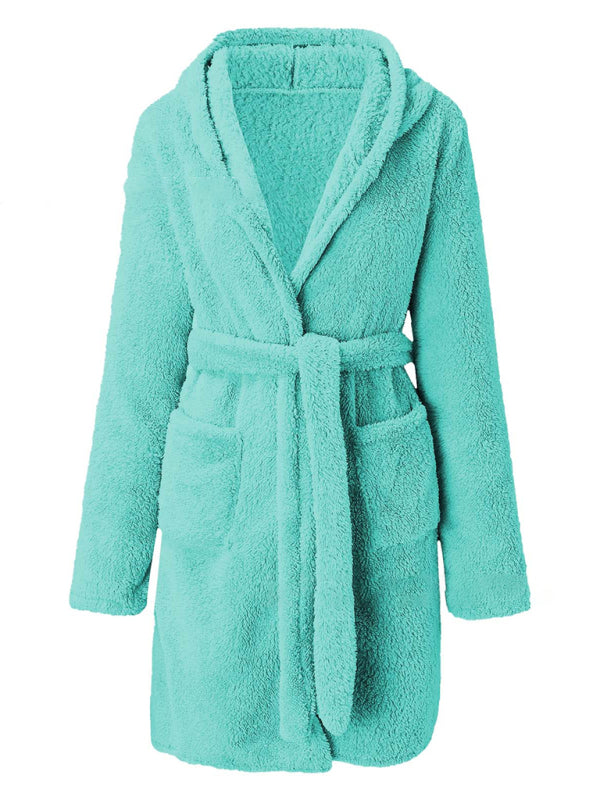Peignoir Pyjama Peluche à Capuche Automne Hiver Couleur Unie