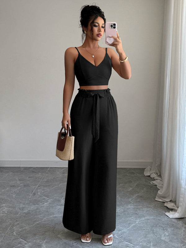Ensemble Deux Pièces Débardeur à Bretelles et Pantalon Large Noir