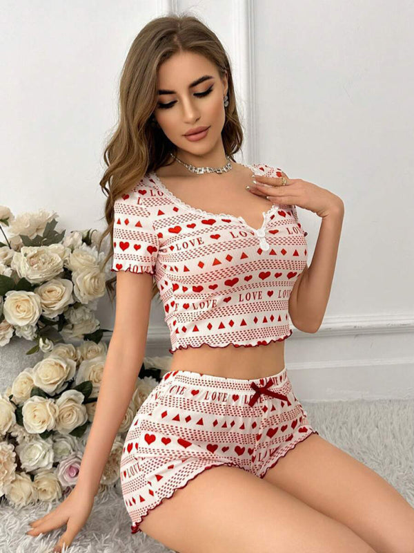 Pyjama Tricoté Manches Courtes et Short Vêtements Maison