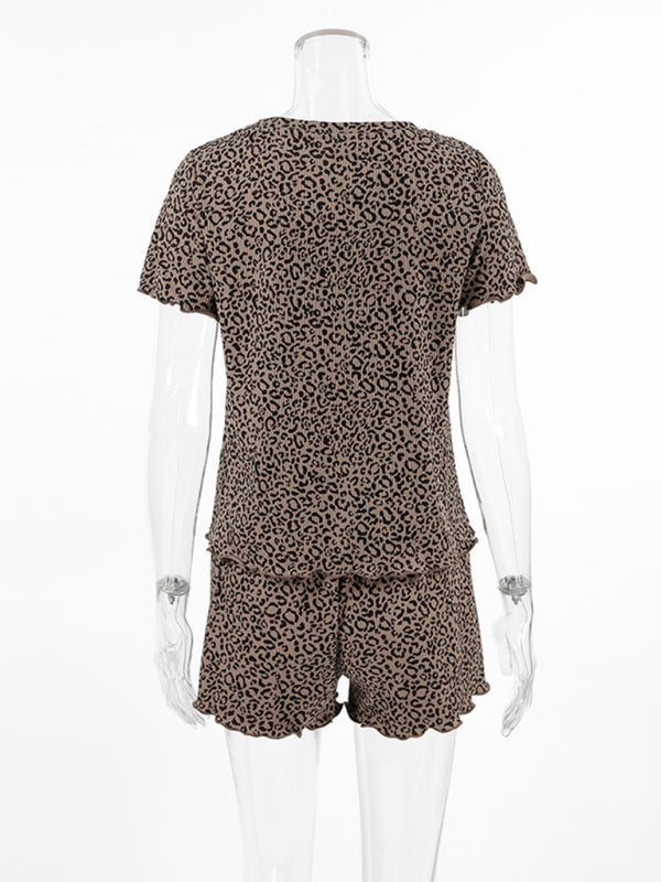Ensemble Pyjama Imprimé Léopard Col Rond Manches Courtes et Short
