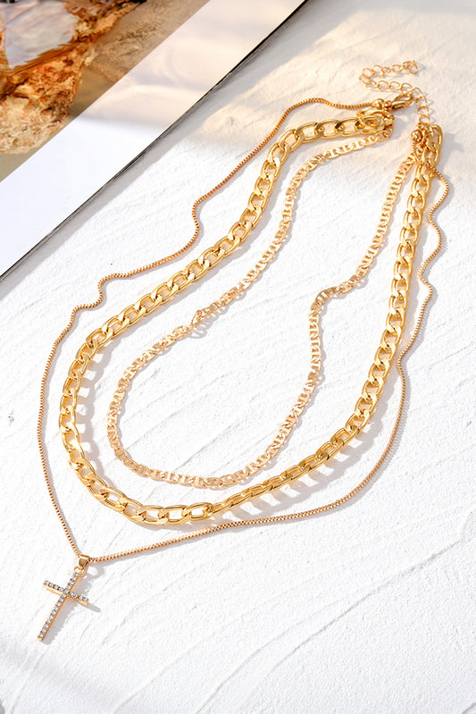 Collier Chaîne Multicouche Empilée avec Pendentif Croix Plaqué Or
