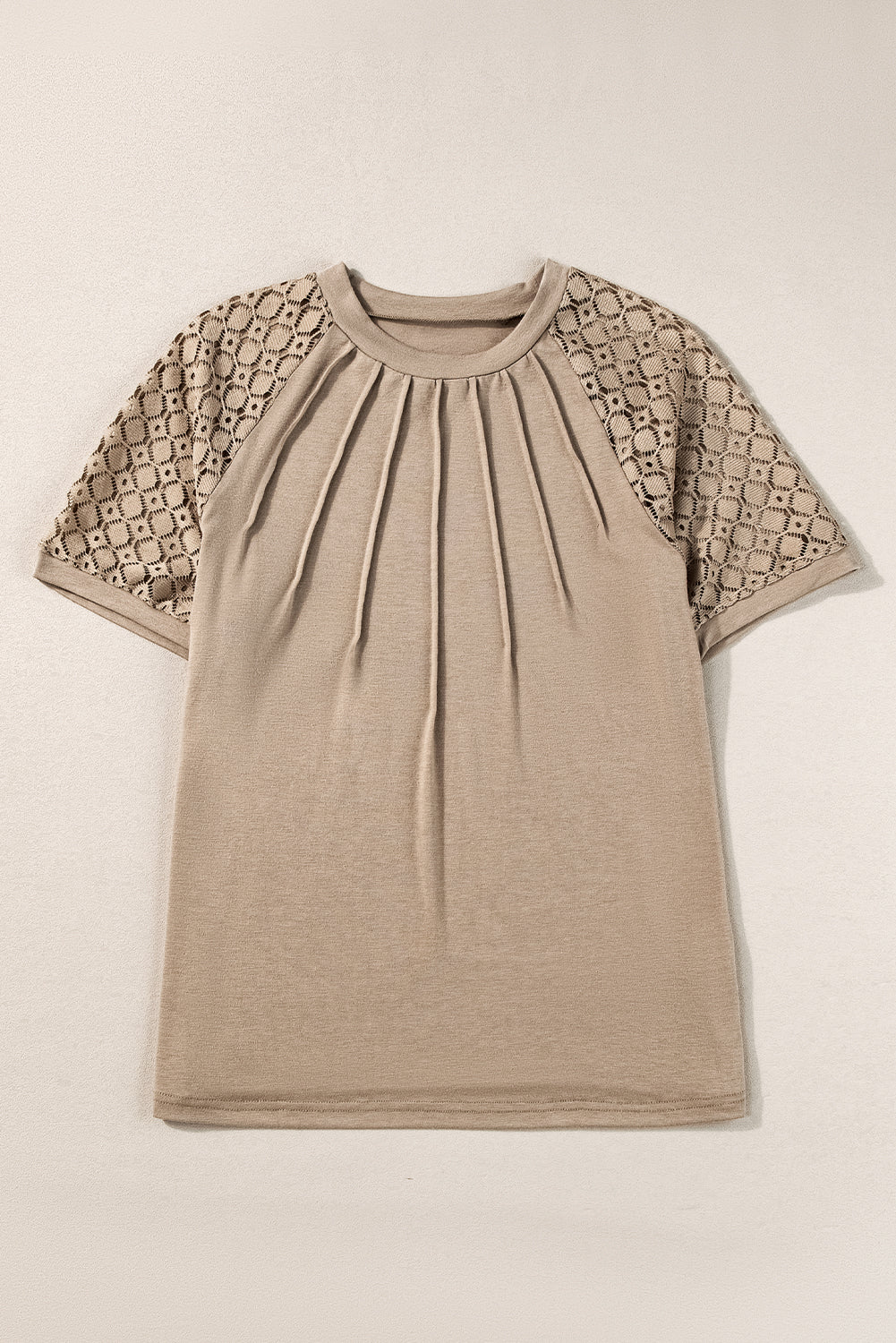 T-Shirt Kaki Pâle Détails Coutures Dentelle Contrastante Manches Raglan