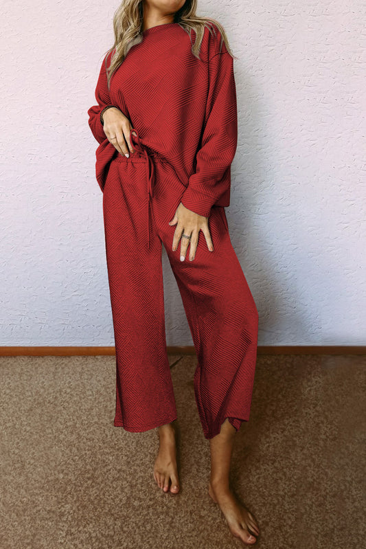 Ensemble Dahlia Rouge Texturé Ample Décontracté Haut à Manches Longues et Pantalon