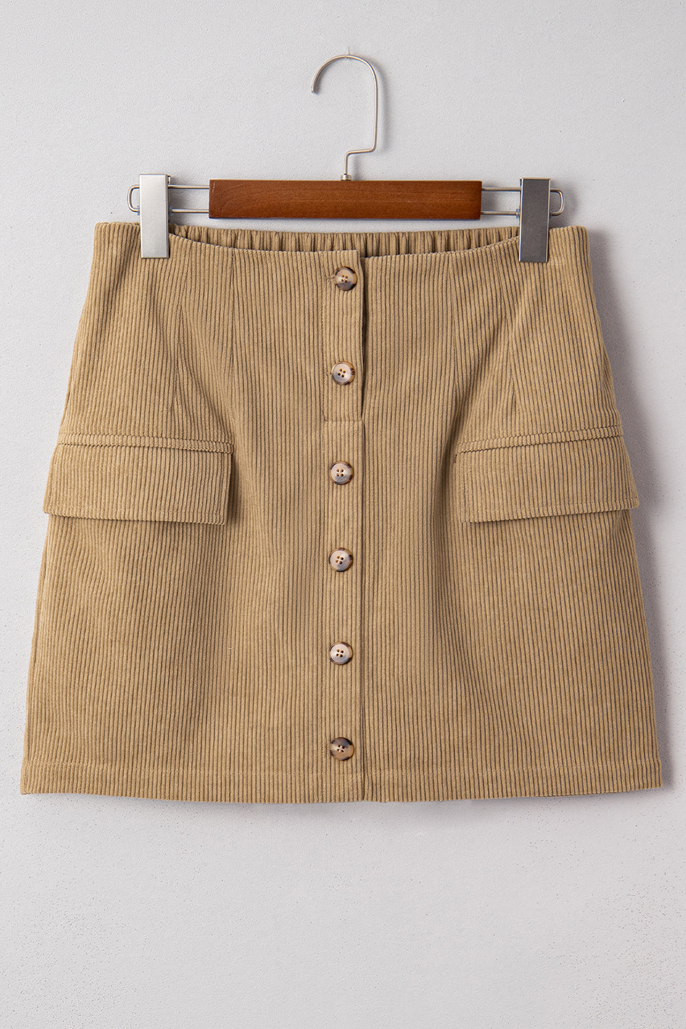 Mini Jupe Velours Côtelé Camel Boutonnée Fausses Poches