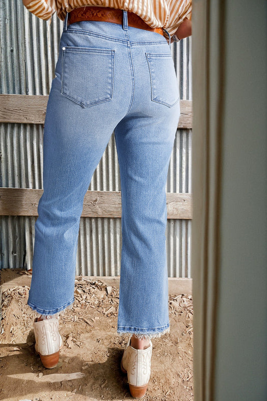 Beau Blue - Jean évasé taille haute à ourlet brut et délavé minéral