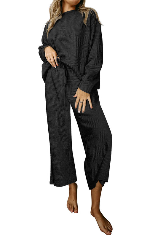 Ensemble Noir Texturé Ample Décontracté Haut à Manches Longues et Pantalon