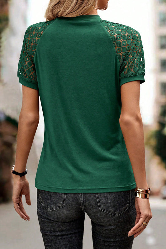 T-shirt Vert Foncé à Détails Couturés et Dentelle Contrastante Manches Raglan