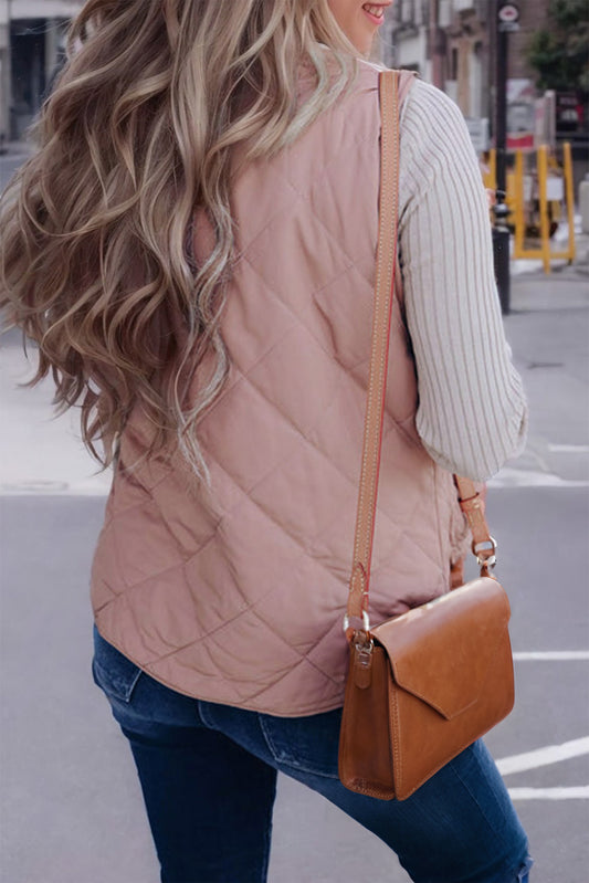 Gilet Sans Manches Matelassé Rose Doublé Polaire avec Zip