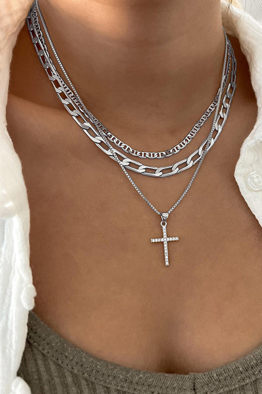 Collier Multi-Rangs Empilé avec Pendentif Croix Strass Argenté