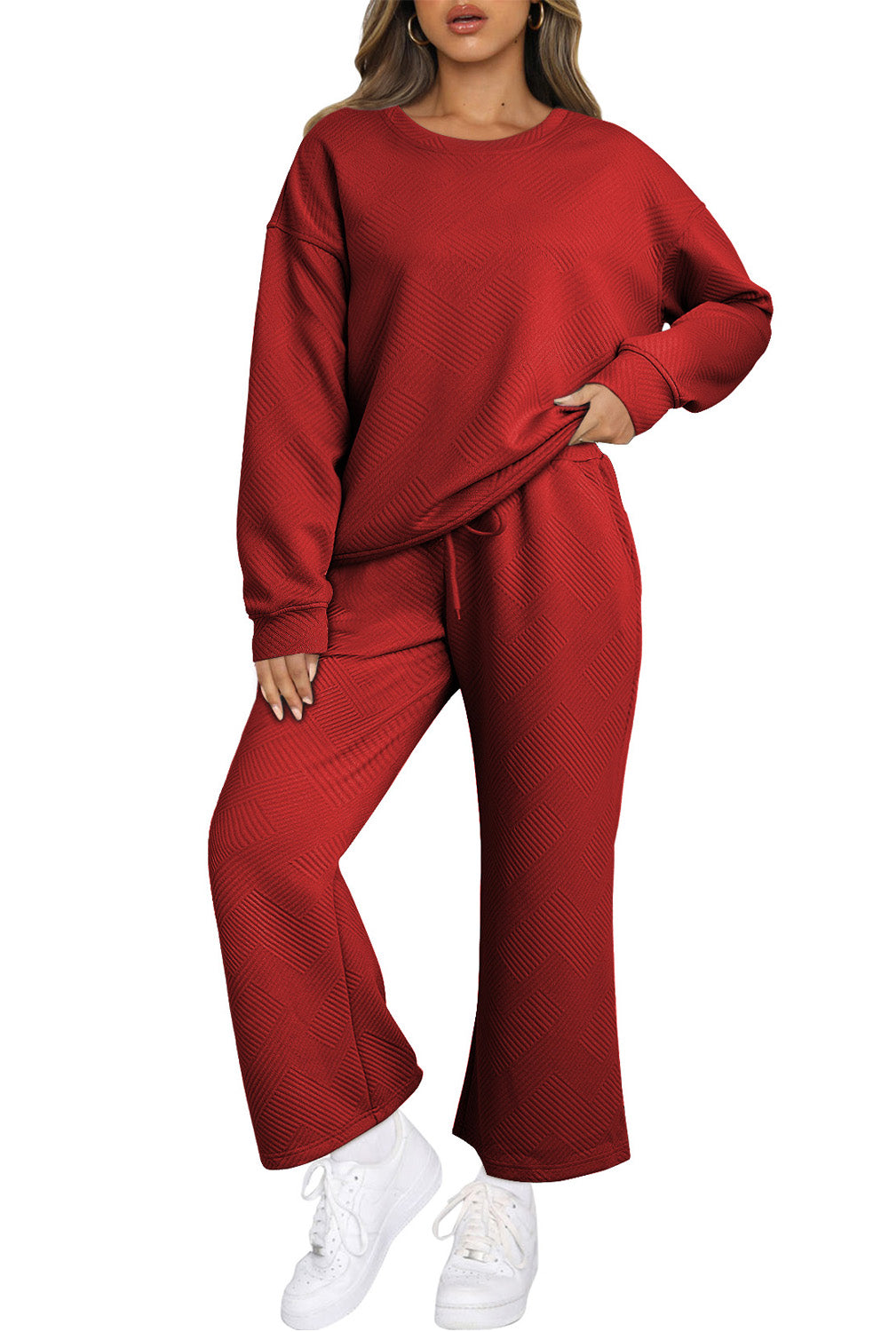 Ensemble Dahlia Rouge Texturé Ample Décontracté Haut à Manches Longues et Pantalon