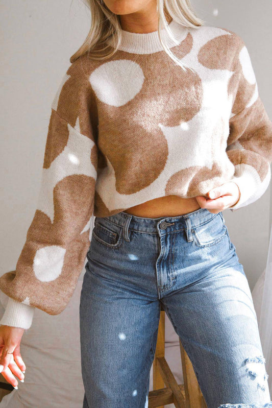 Pull kaki à épaules tombantes et motif à grandes fleurs