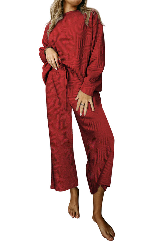 Ensemble Dahlia Rouge Texturé Ample Décontracté Haut à Manches Longues et Pantalon