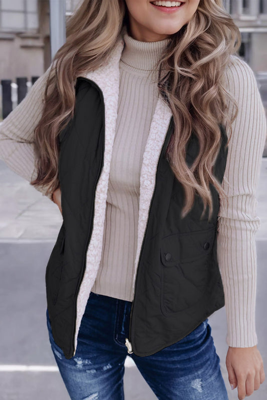 Gilet Sans Manches Matelassé Noir Doublé Polaire avec Zip